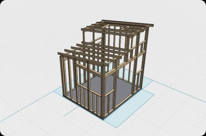 The design model with its siding hidden, showing every stud, plate and roof joist