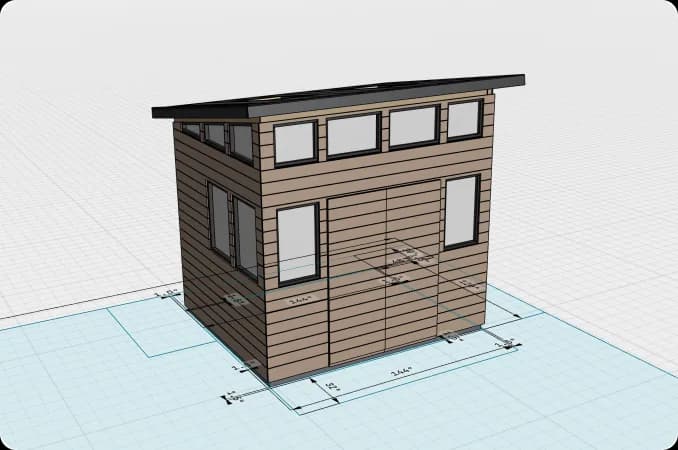 The same model dimensioned, with measurements called out across the floor and every face