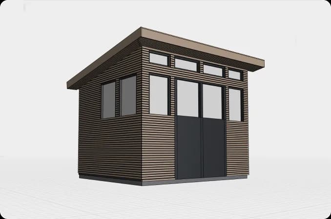 The design model fully clad, with horizontal slat siding, a mono-pitch roof and tall double doors