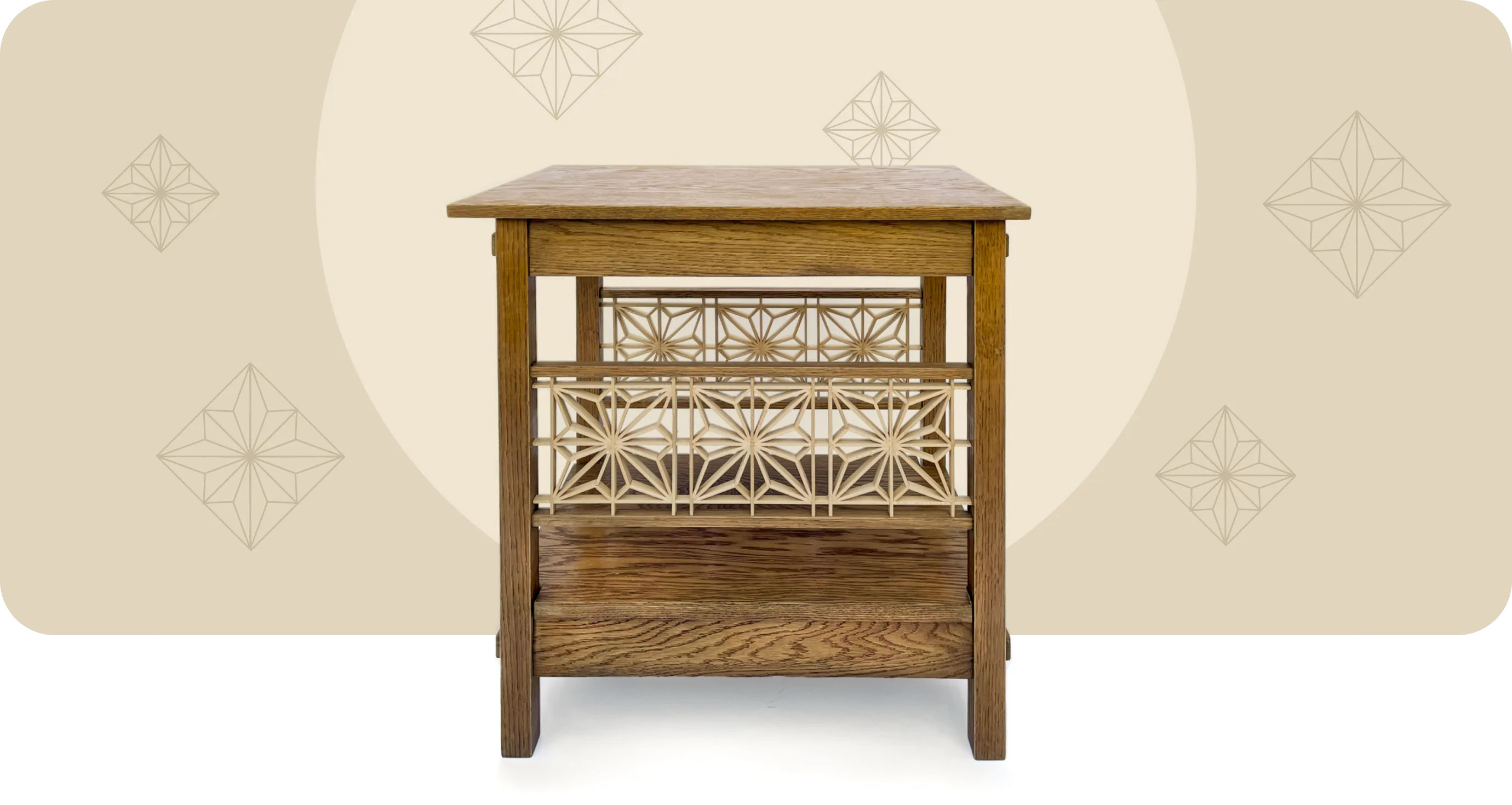 The finished table: a Mission-style white oak frame with a Japanese kumiko lattice