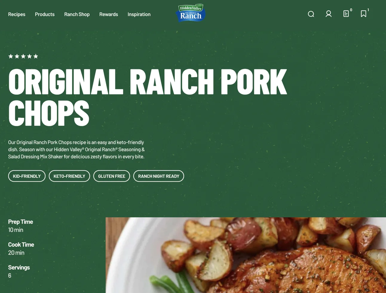 Hidden Valley Ranch recipe page for Original Ranch Pork Chops, showing ranch used as a seasoning rather than a dip.
