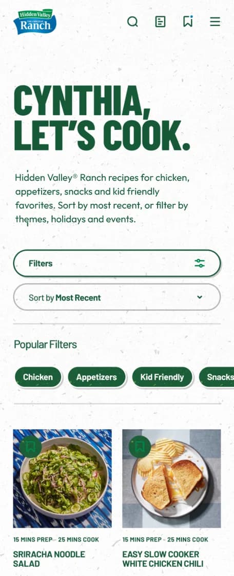 Hidden Valley Ranch mobile recipe page personalized with the visitor's name, reading Cynthia, let's cook.