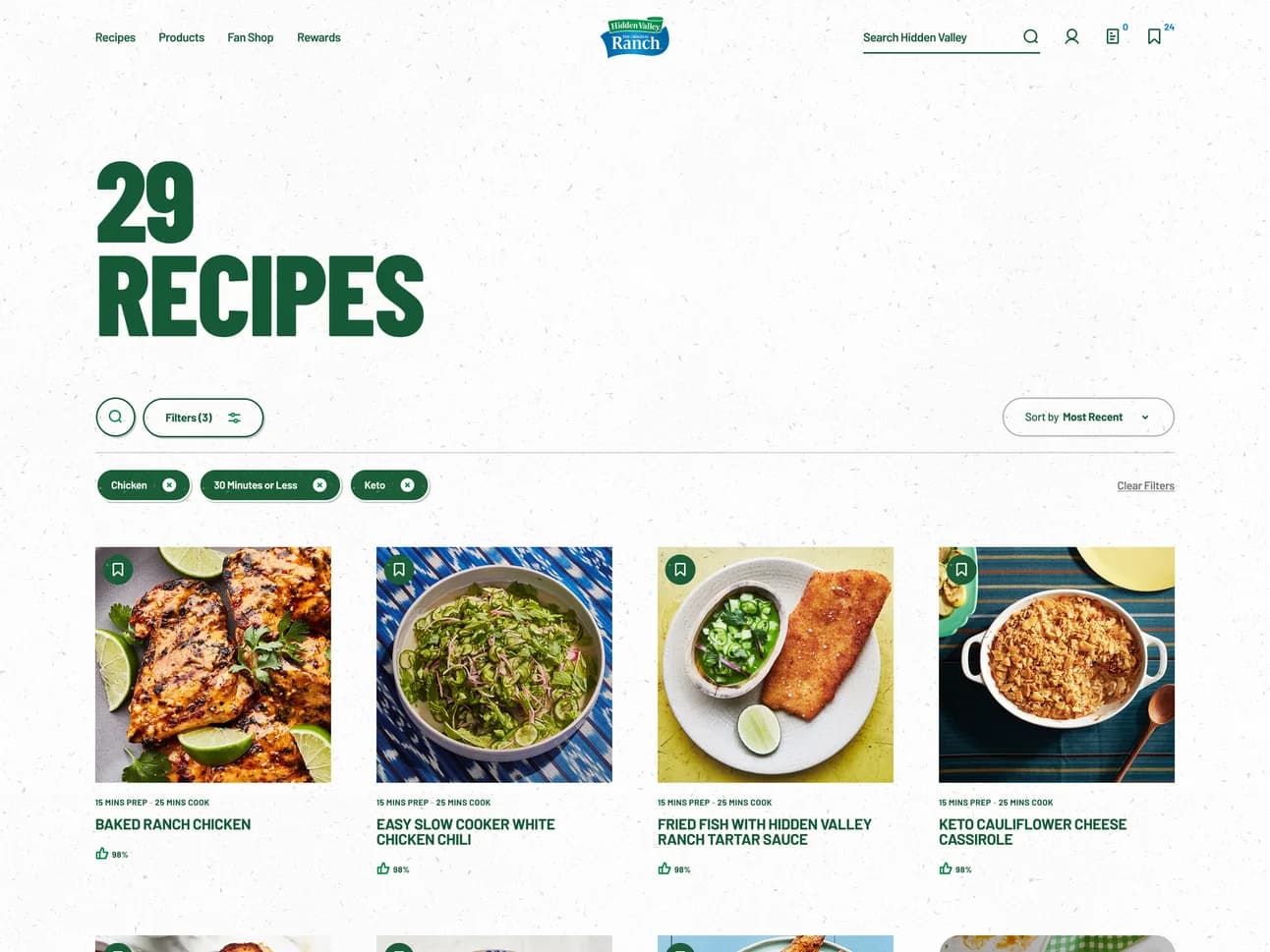 Hidden Valley Ranch recipe collections browse page with filter tabs for fan favorites, themes and holidays.