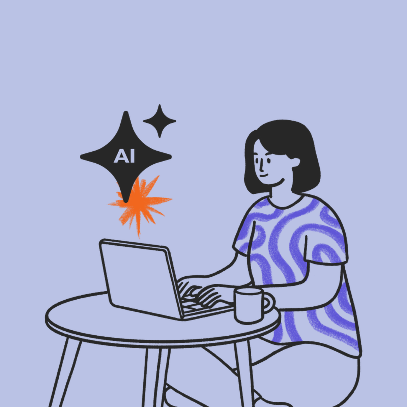 Illustration from the Reimagine Rebuild case study: a person working on a laptop with an AI sparkle